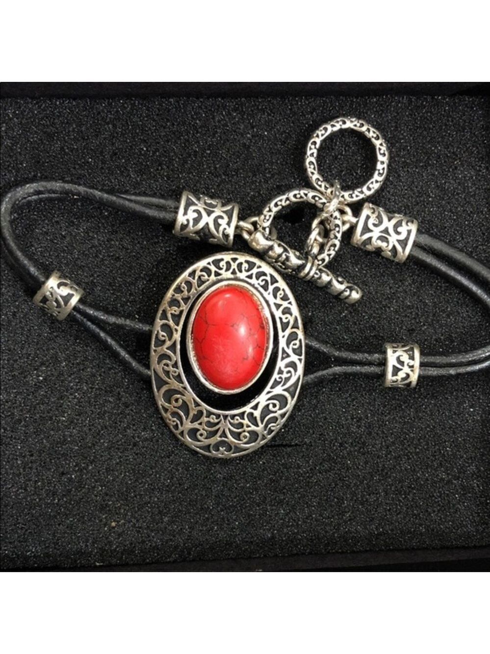 Intricate Silver and Red Stone Women’s Boho Bracelet |Lead Nickel & Cadmium Safe
